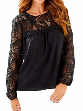 Lilly Pulitzer Keegan Long-Sleeve Lace-Yoke Top Xl